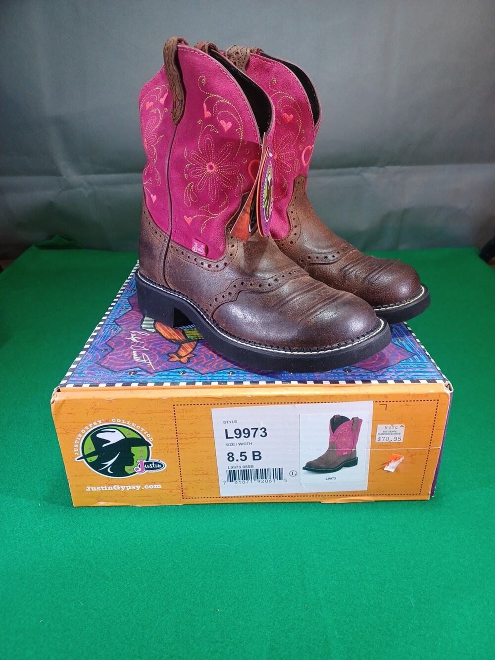 Justin Gypsy Women's Cowhide Leather Boots Brown/Pink Cowgirl Western Size 8.5B
